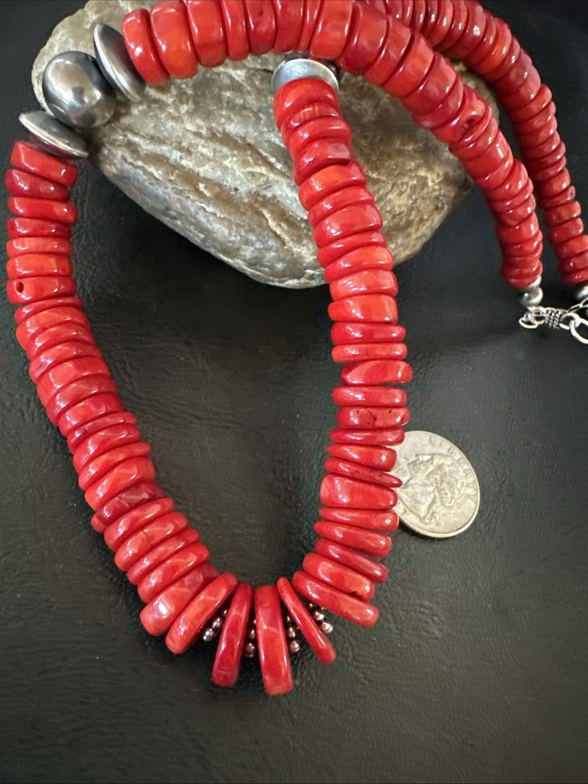 Red Bamboo Coral Navajo Sterling Silver Bead Necklace 19" 19227