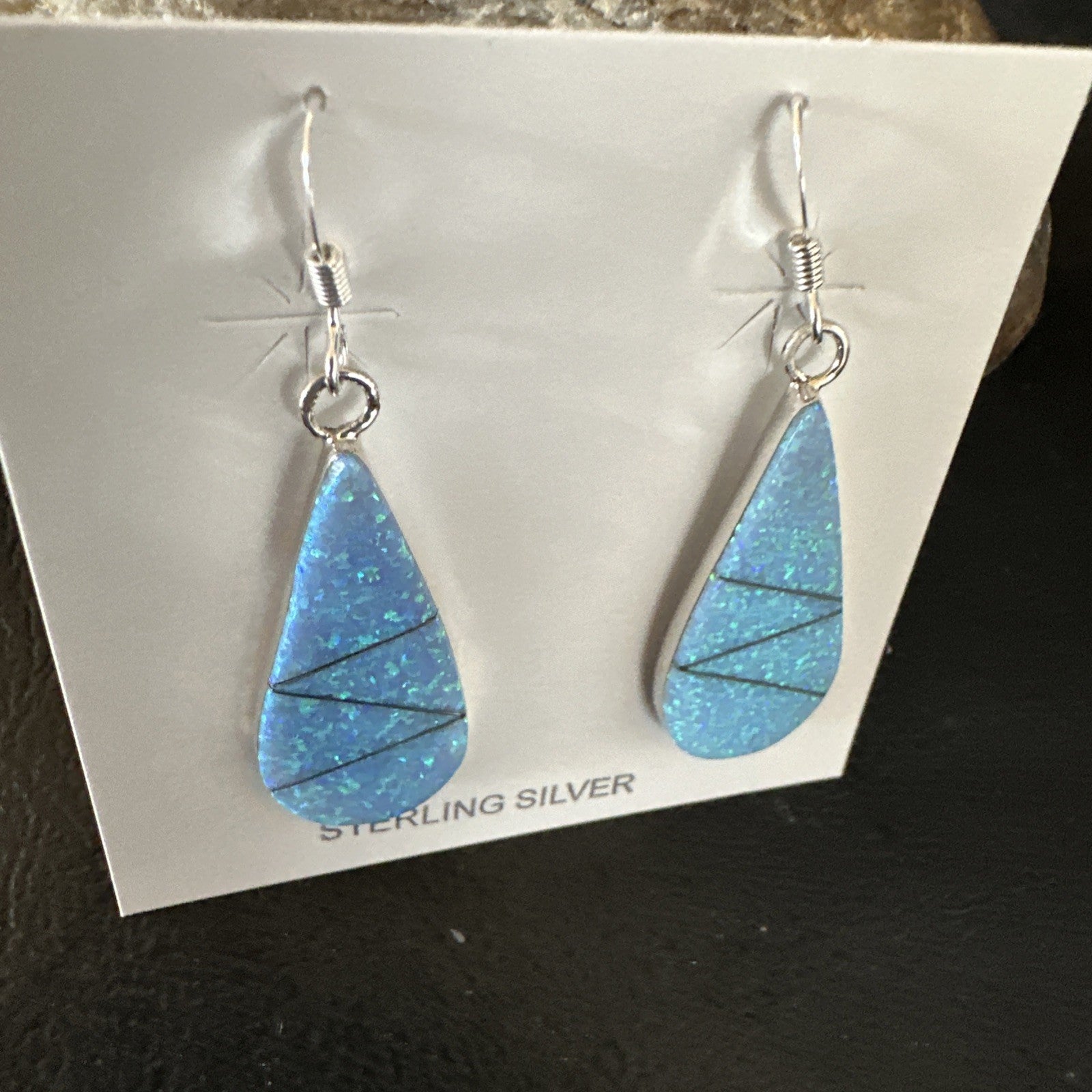 Blue Faux Opal Dangle Inlay Navajo Sterling Silver Earrings 19263