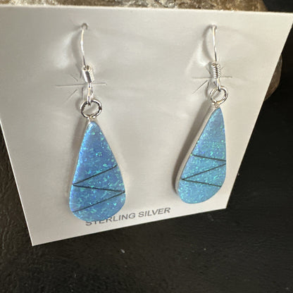 Blue Faux Opal Dangle Inlay Navajo Sterling Silver Earrings 19263