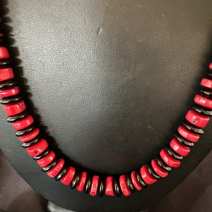 Mens Womens Red Coral Black Onyx  Navajo Sterling Silver Necklace 10mm 17869