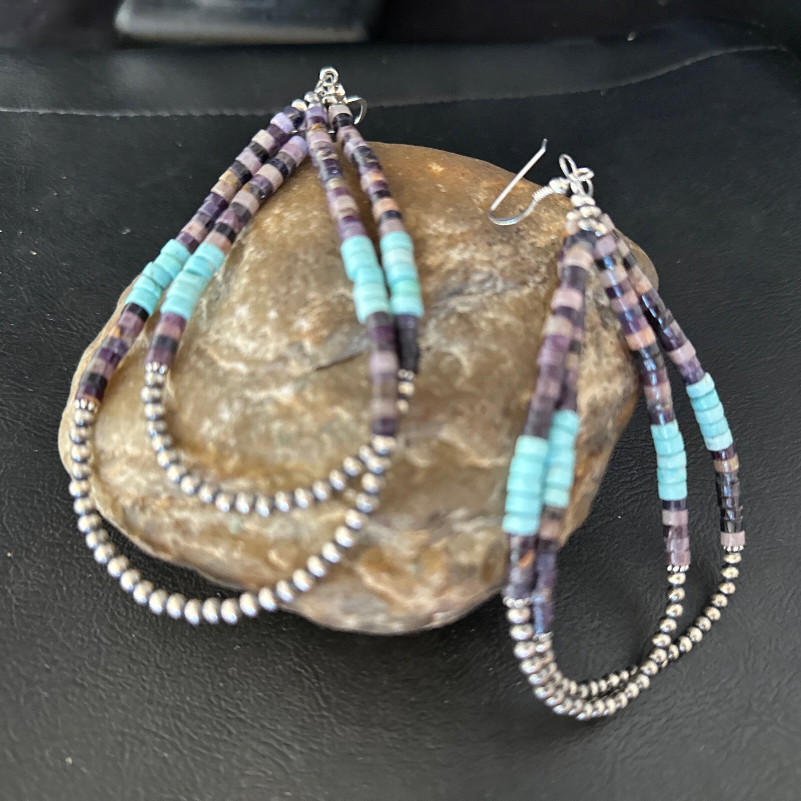 XL  Purple Stone Turquoise Sterling Silver Heishi Bead Earrings 4" 17837