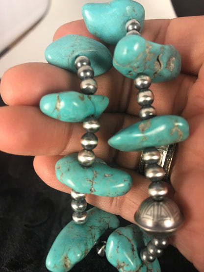 Kingman Turquoise Bead Navajo Pearls Santo Domingo Necklace 08348