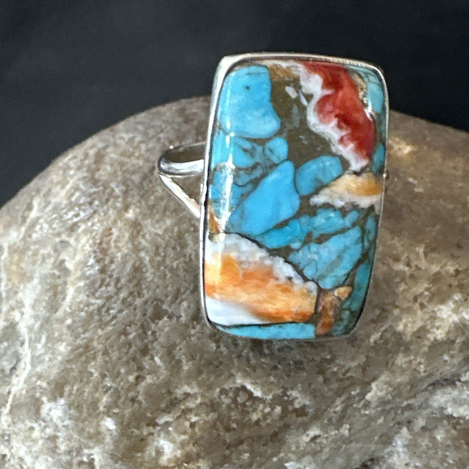 Blue Turquoise Spiny Oyster Southwestern Sterling Silver Ring Size 9 18467