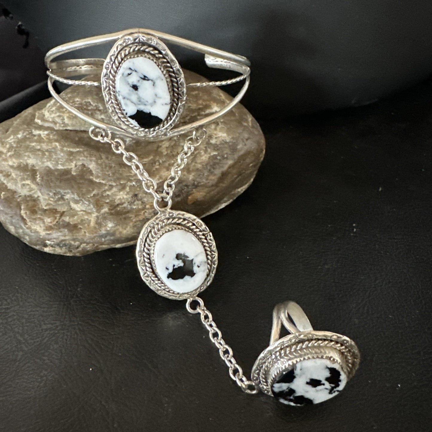 Yazzie Navajo Sterling Silver White Buffalo Turquoise Slave Bracelet Ring 19124