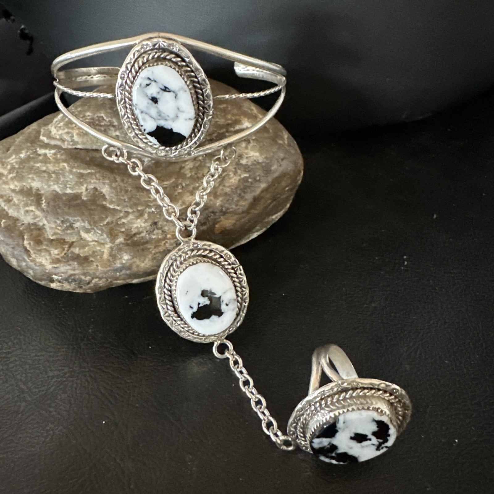 Yazzie Navajo Sterling Silver White Buffalo Turquoise Slave Bracelet Ring 19124
