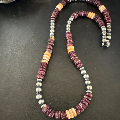 Navajo Sterling Necklace Purple Orange Spiny Oyster  20" 17702