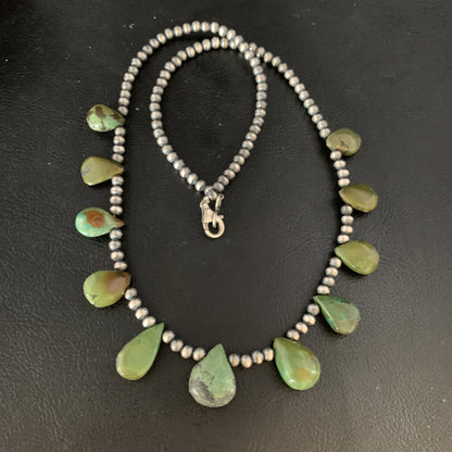 Teardrop Navajo Pearls Sterling Silver Green Turquoise Necklace 20" 13508