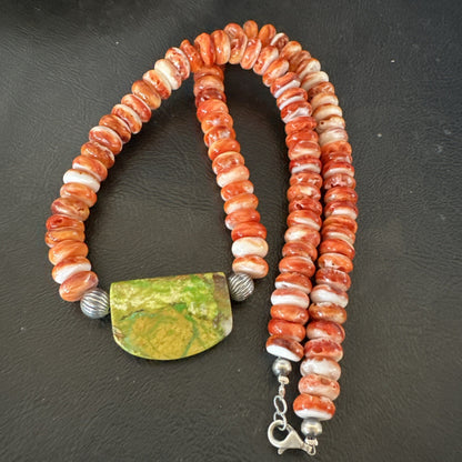 Orange Spiny  Green Turquoise Navajo Sterling Silver Pendant Necklace 20” 19636