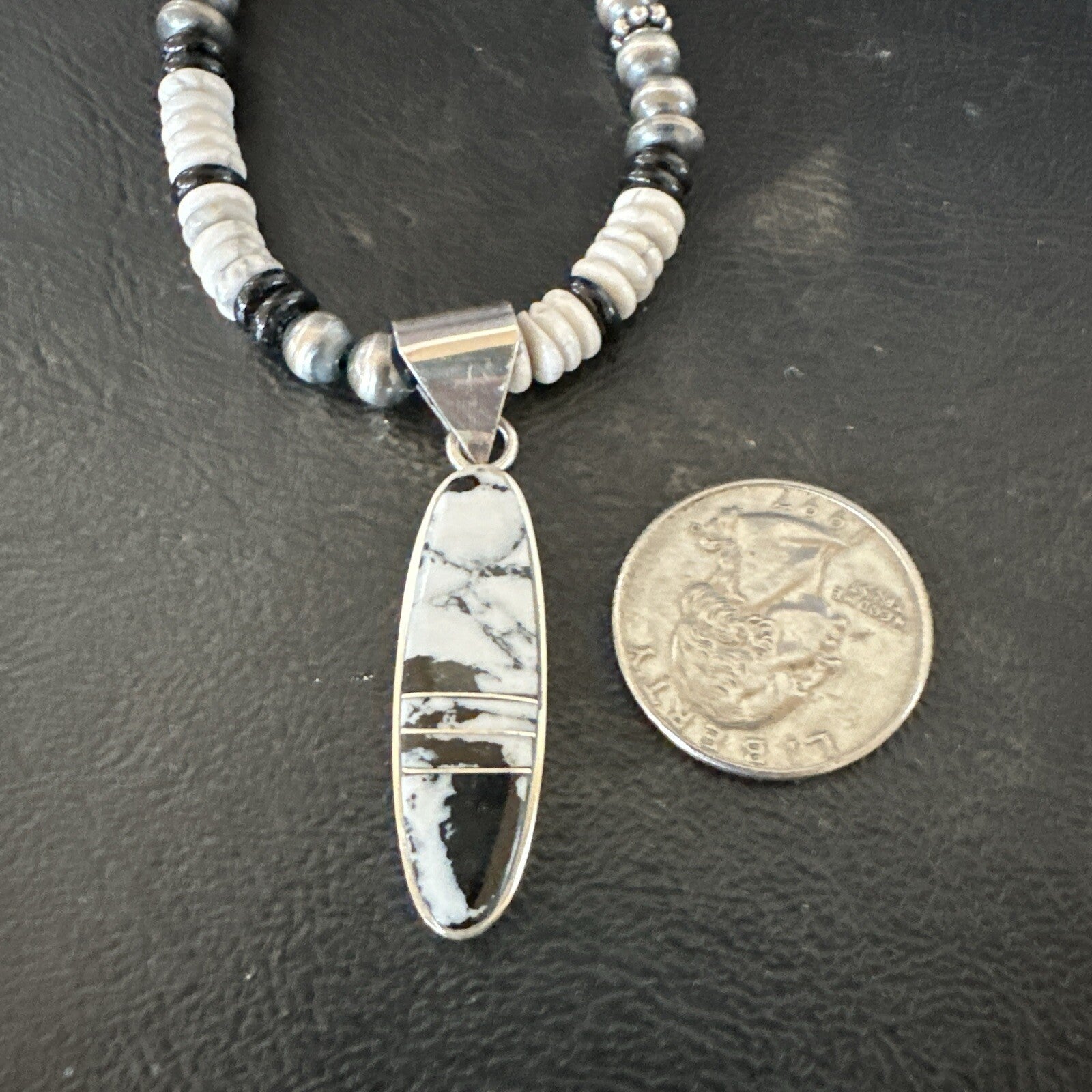 White Buffalo Turquoise Navajo Pearls Sterling Silver Onyx Necklace 17805