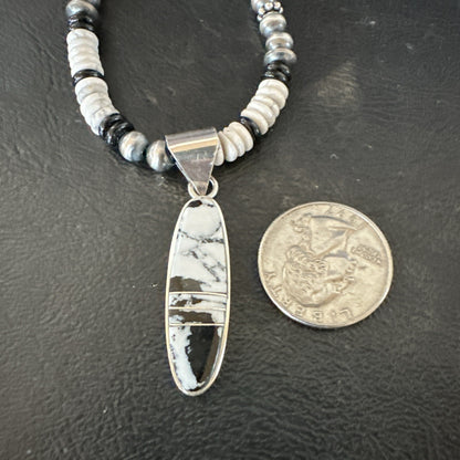 White Buffalo Turquoise Navajo Pearls Sterling Silver Onyx Necklace 17805