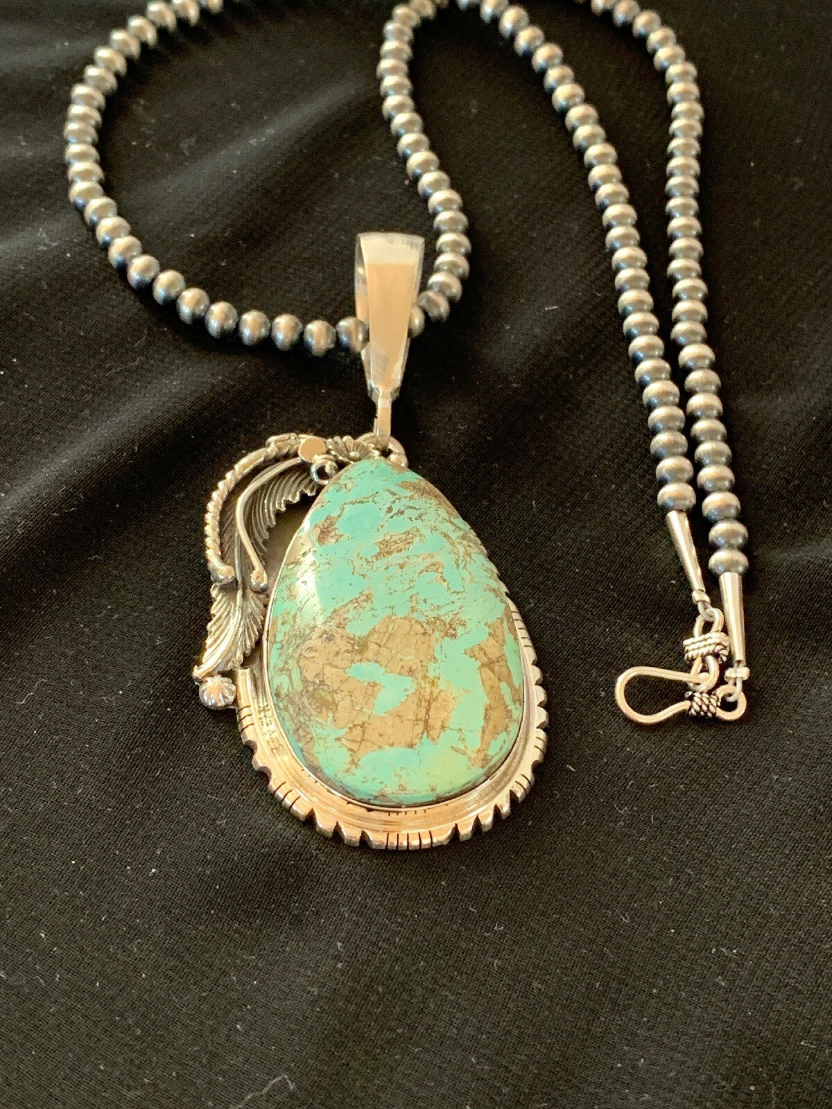 Mens Blue Turquoise Pendant Sterling Silver Necklace 02565