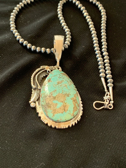 Mens Blue Turquoise Pendant Sterling Silver Necklace 02565