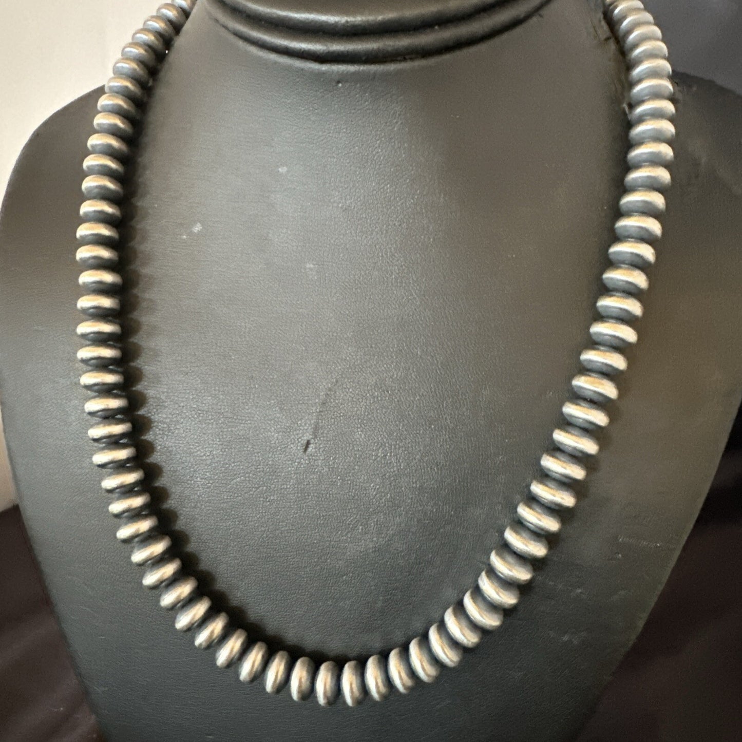 Native 8mm Saucer Sterling Silver Navajo Pearls 19" Hook Eye Cone Necklace 17823