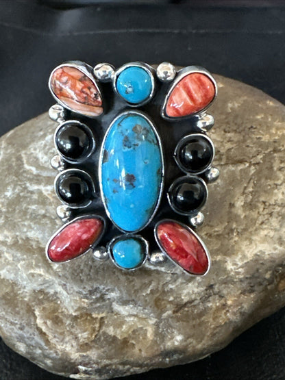 Cluster Blue Turquoise Spiny Oyster Onyx Sterling Silver Ring Size 10 18559