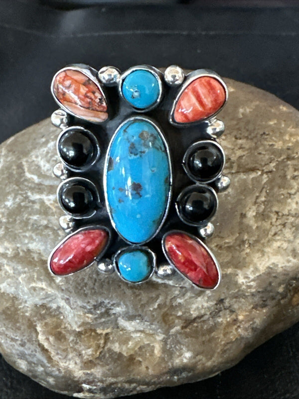 Cluster Blue Turquoise Spiny Oyster Onyx Ring Size 10 | Sterling Silver | Authentic Native American Handmade | 18559