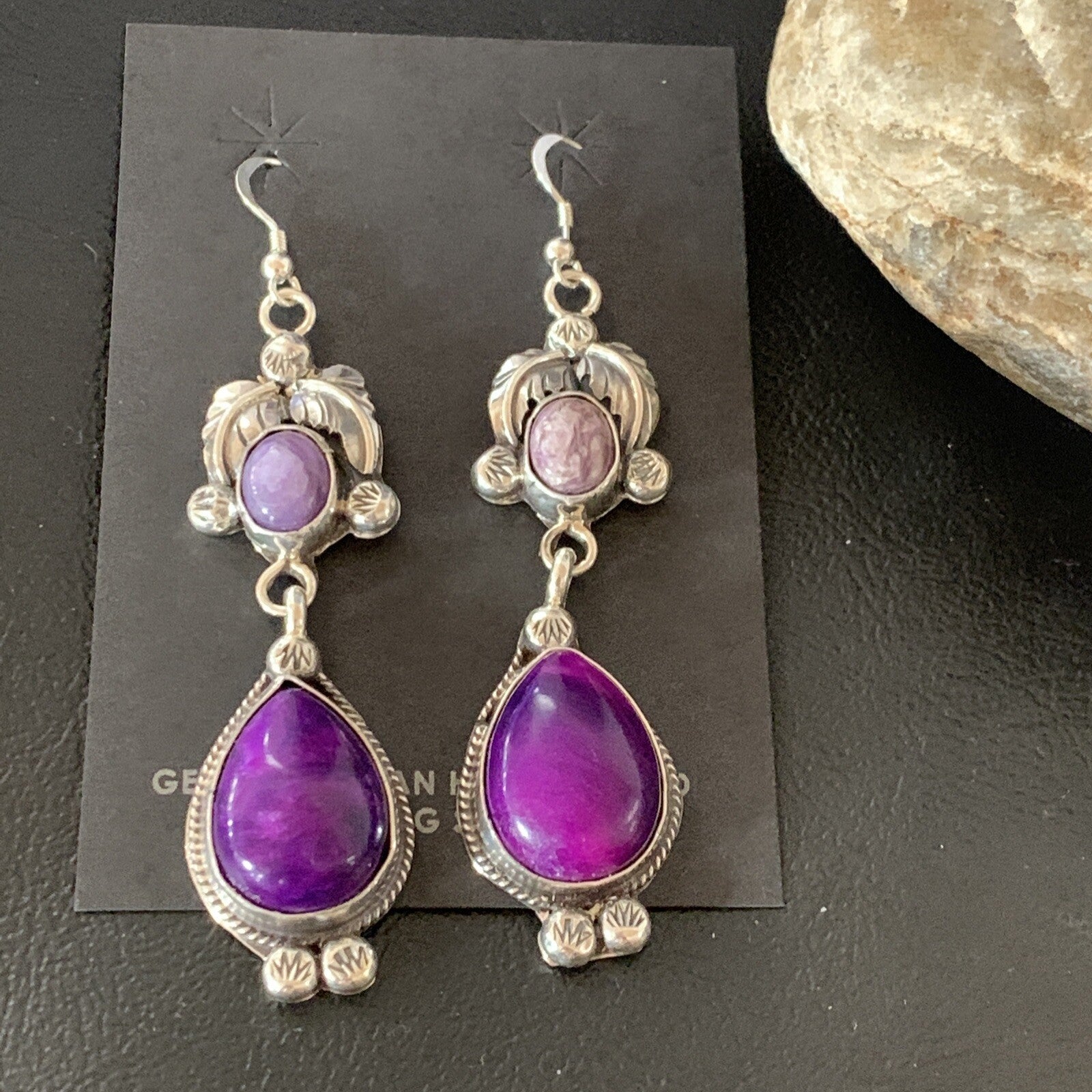 Purple Stone Navajo Sterling Silver Dangle Earrings 2" 12882