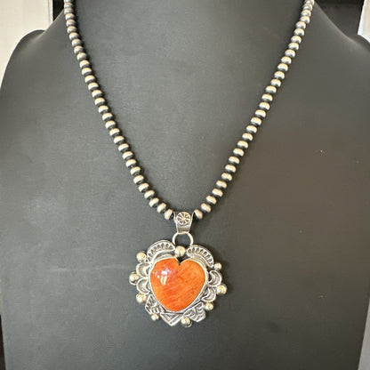 H Joe Orange Spiny Oyster Heart Pendant Navajo Sterling Silver Necklace 19486