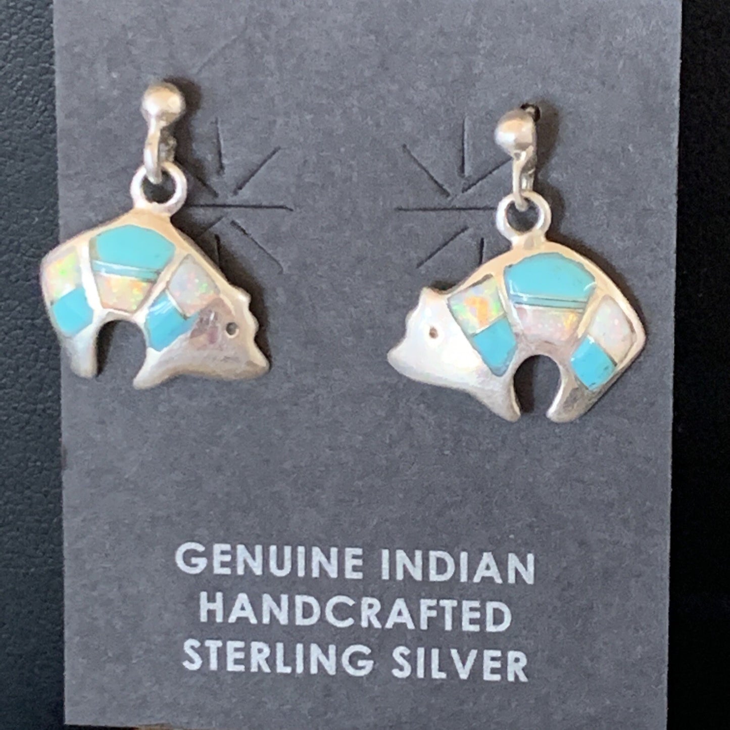 Womens Turquoise White Opal Inlay Navajo Sterling Silver Dangle Earrings 12773