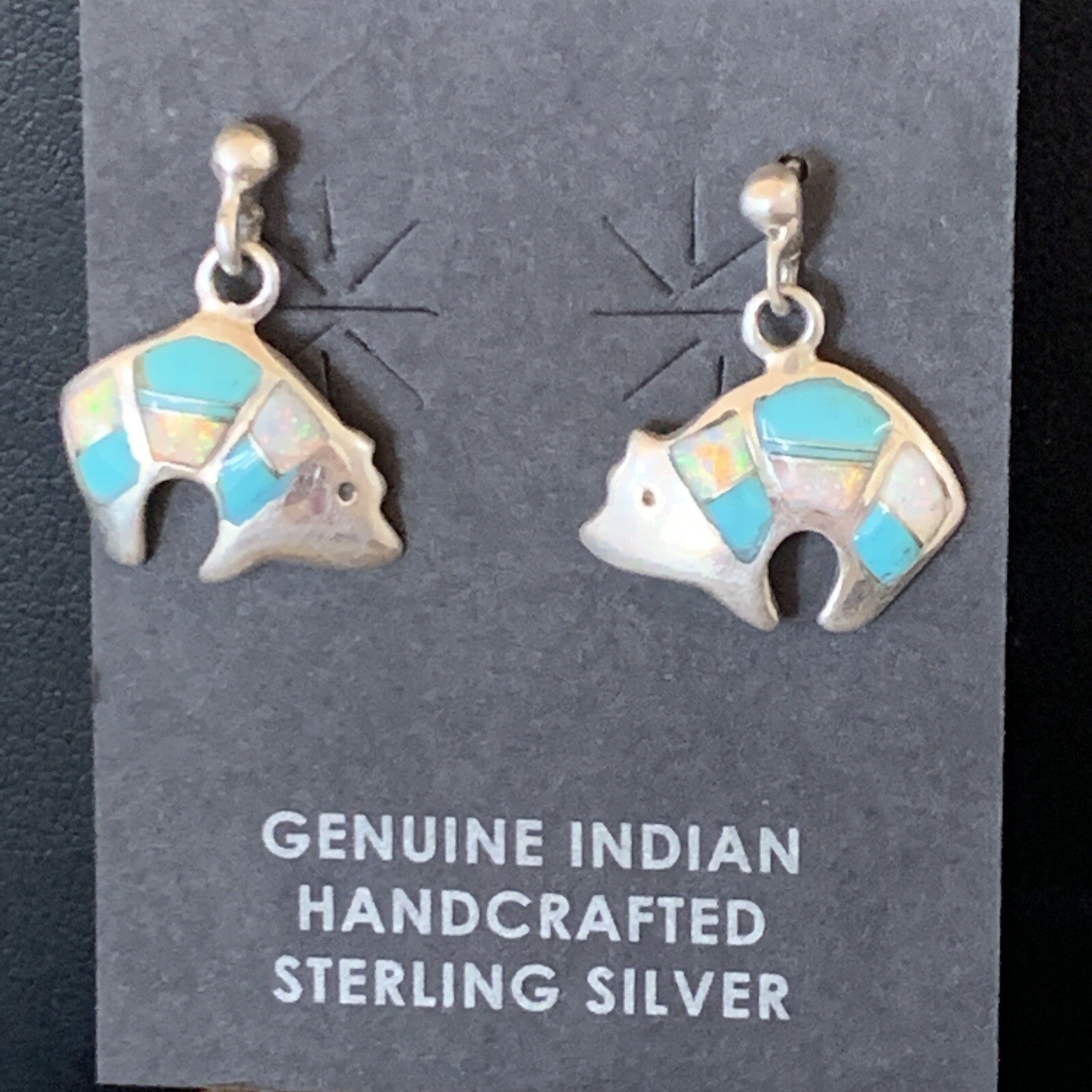Womens Turquoise White Opal Inlay Navajo Sterling Silver Dangle Earrings 12773