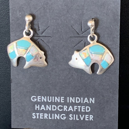 Womens Turquoise White Opal Inlay Navajo Sterling Silver Dangle Earrings 12773