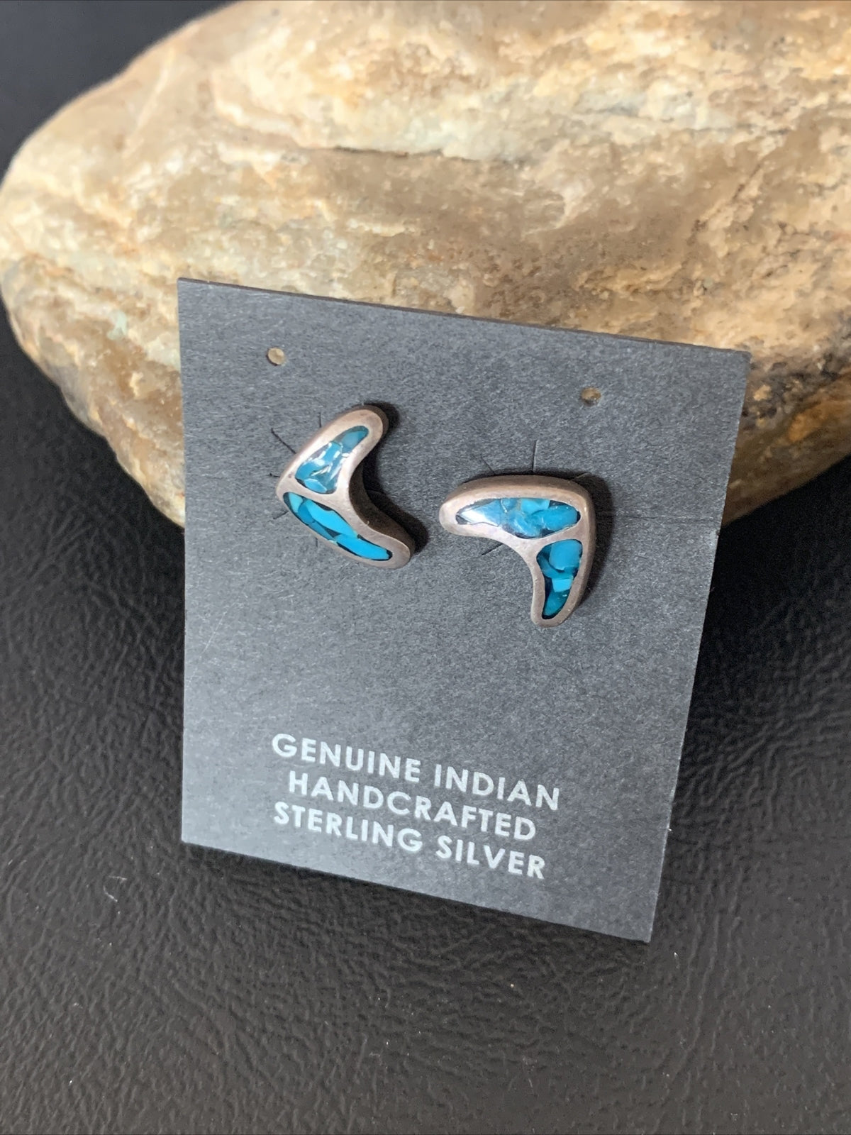 Womens Chip Inlay Earrings Navajo Blue Turquoise Sterling Silver Stud 0.5" 13111