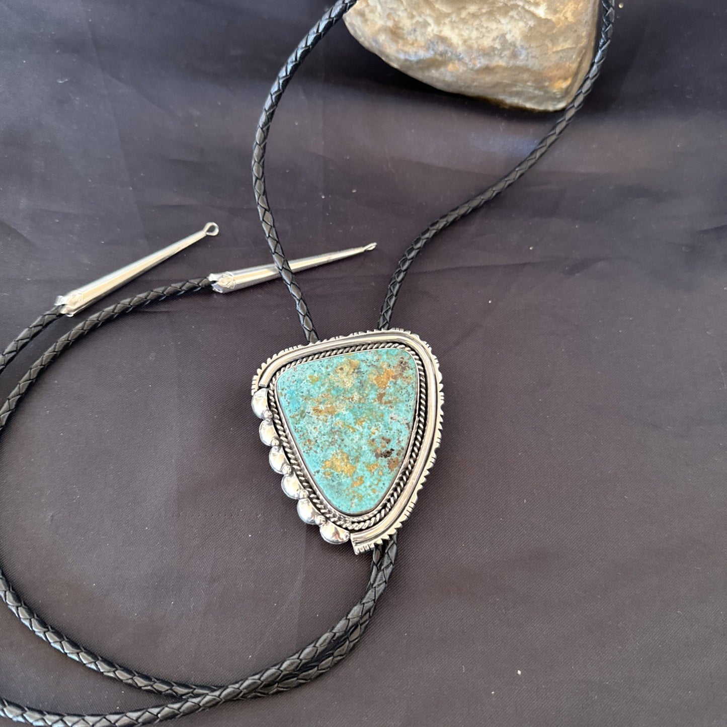 Native Mens Blue Green Royston Turquoise Bolo Tie Sterling Silver Navajo 19593