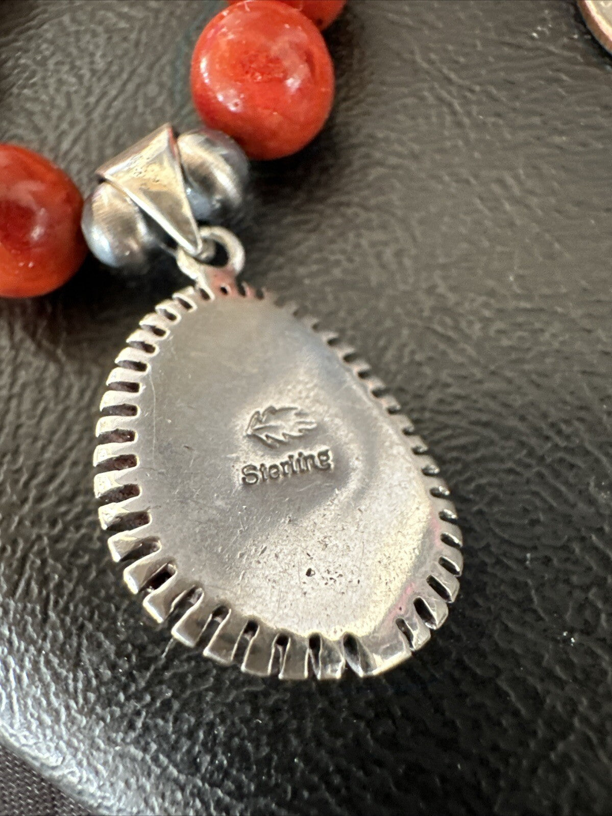 Navajo Apple Sponge Coral Sterling Silver Necklace Pendant 20” 18329