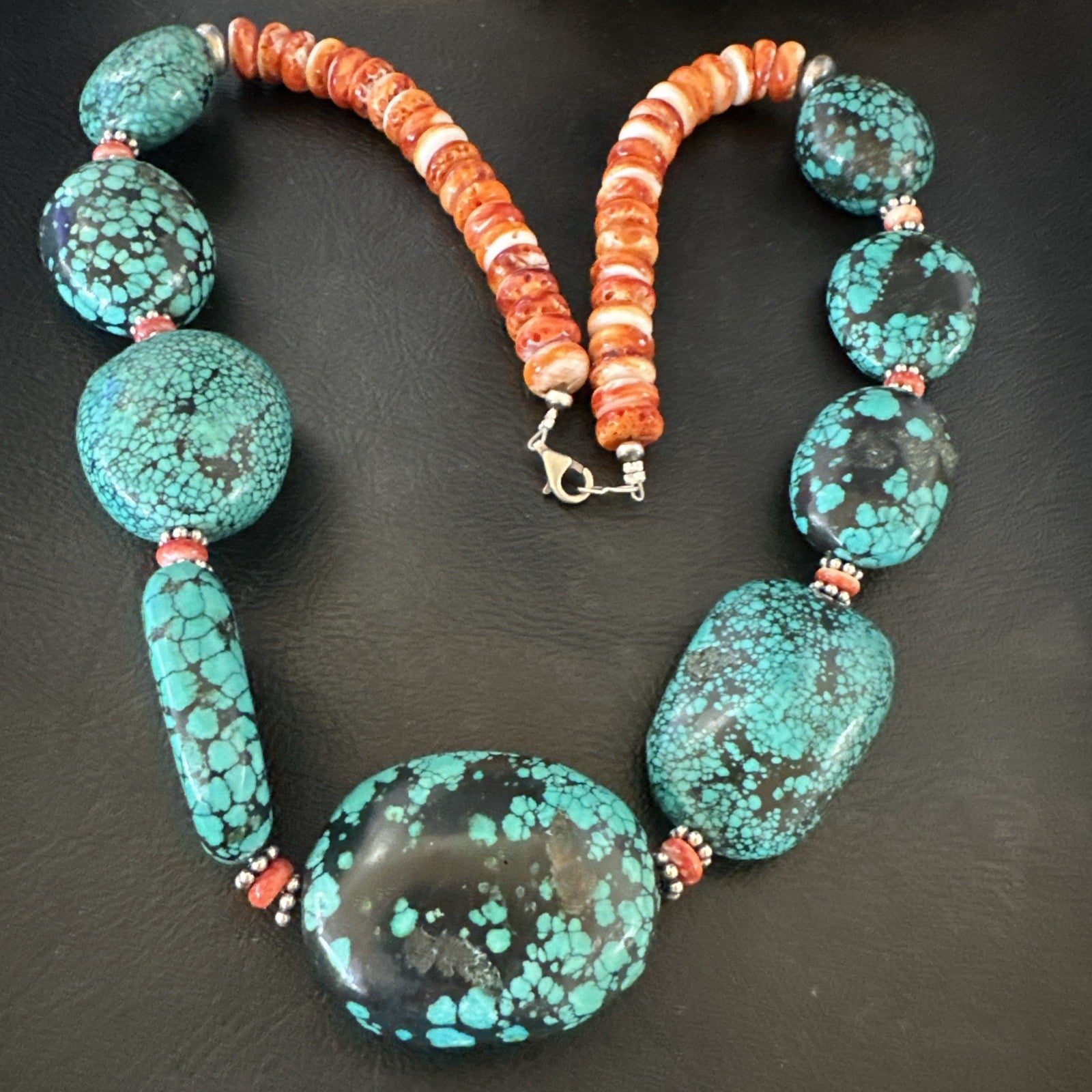 Blue Turquoise Red Spiny Chunky Navajo Sterling Silver Necklace 22” 19248