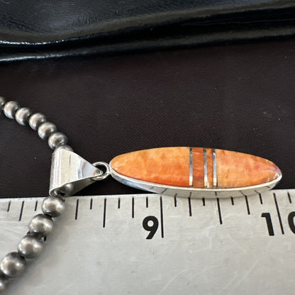 Native Navajo Sterling Silver Orange Spiny Oyster Necklace Inlay Pendant 17811