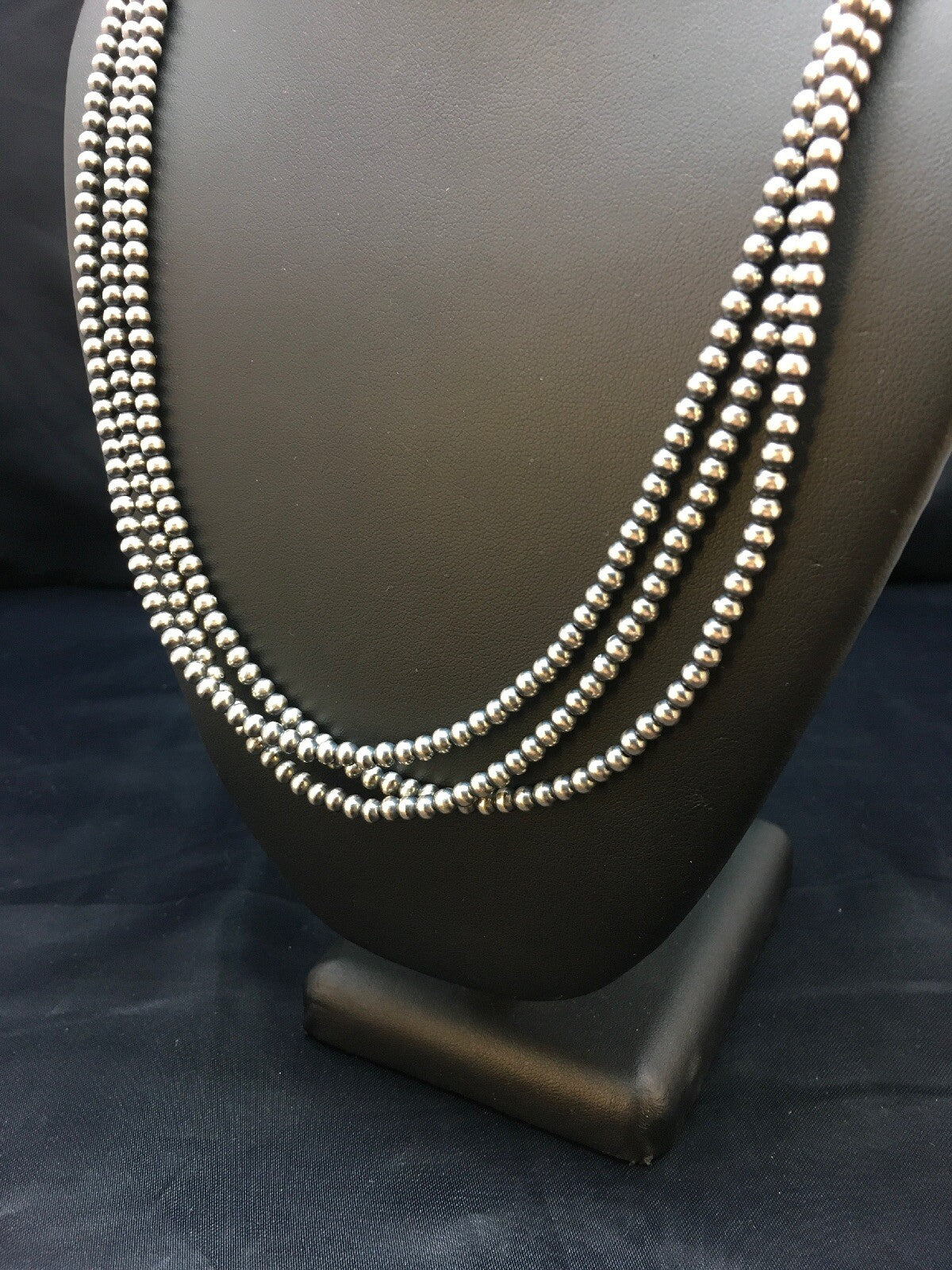 Native American Sterling Silver Navajo 4mm Bead 3 Strand 21" Necklace