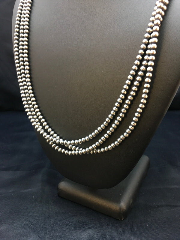 Navajo 4mm Bead 3 Strand 21"Necklace | Sterling Silver | Authentic Native American Handmade