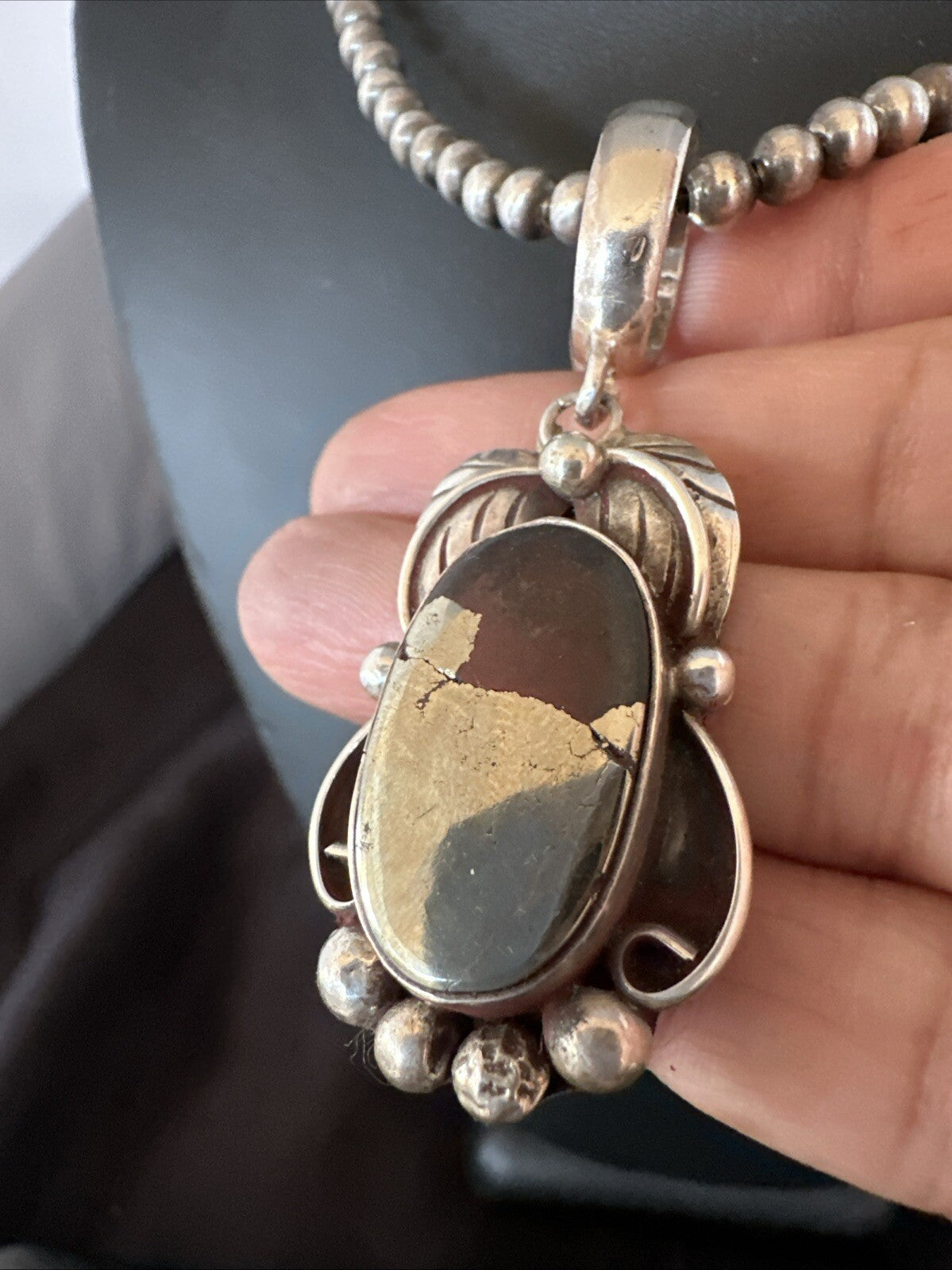 Pyrites Pendant Navajo Beads Sterling Silver Necklace 18643