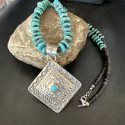 Navajo Blue Turquoise Stamped Pendant Shell 25"Necklace | Sterling Silver | Authentic Native American Handmade | 19707