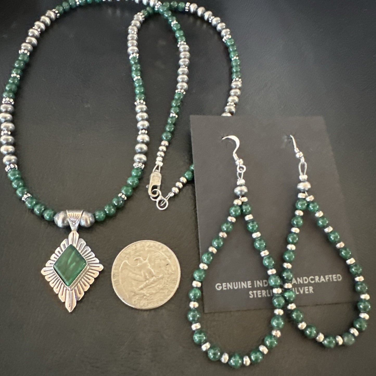 Womens Green Malachite Pendant Navajo Sterling Silver Necklace Earrings 18374