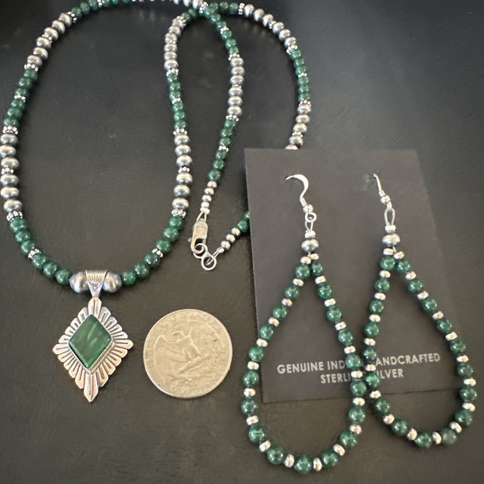 Womens Green Malachite Pendant Navajo Sterling Silver Necklace Earrings 18374