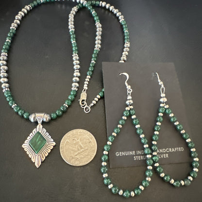 Womens Green Malachite Pendant Navajo Sterling Silver Necklace Earrings 18374