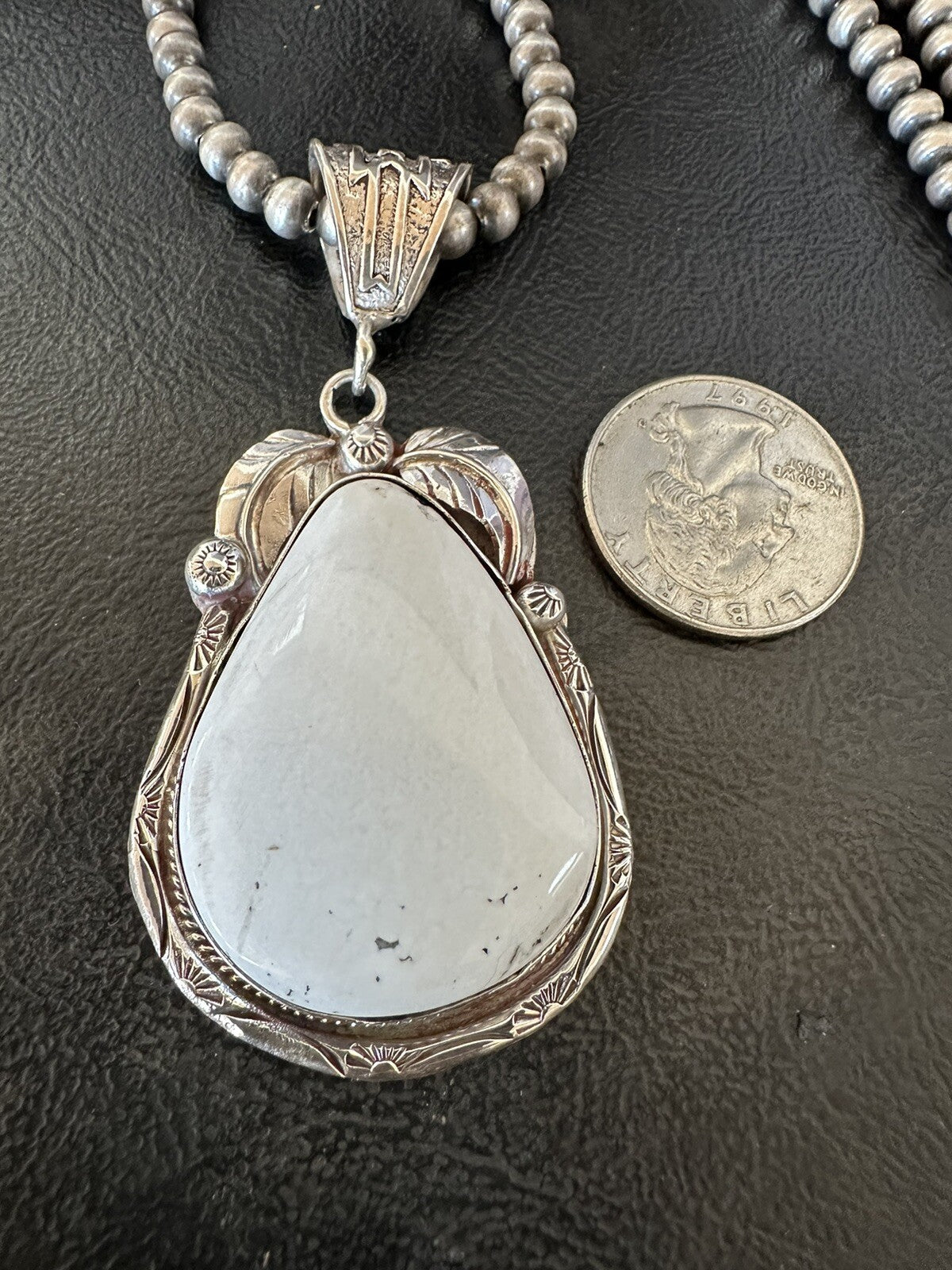 Mens White Buffalo Turquoise Pendant Sterling Silver Beads Necklace 18310