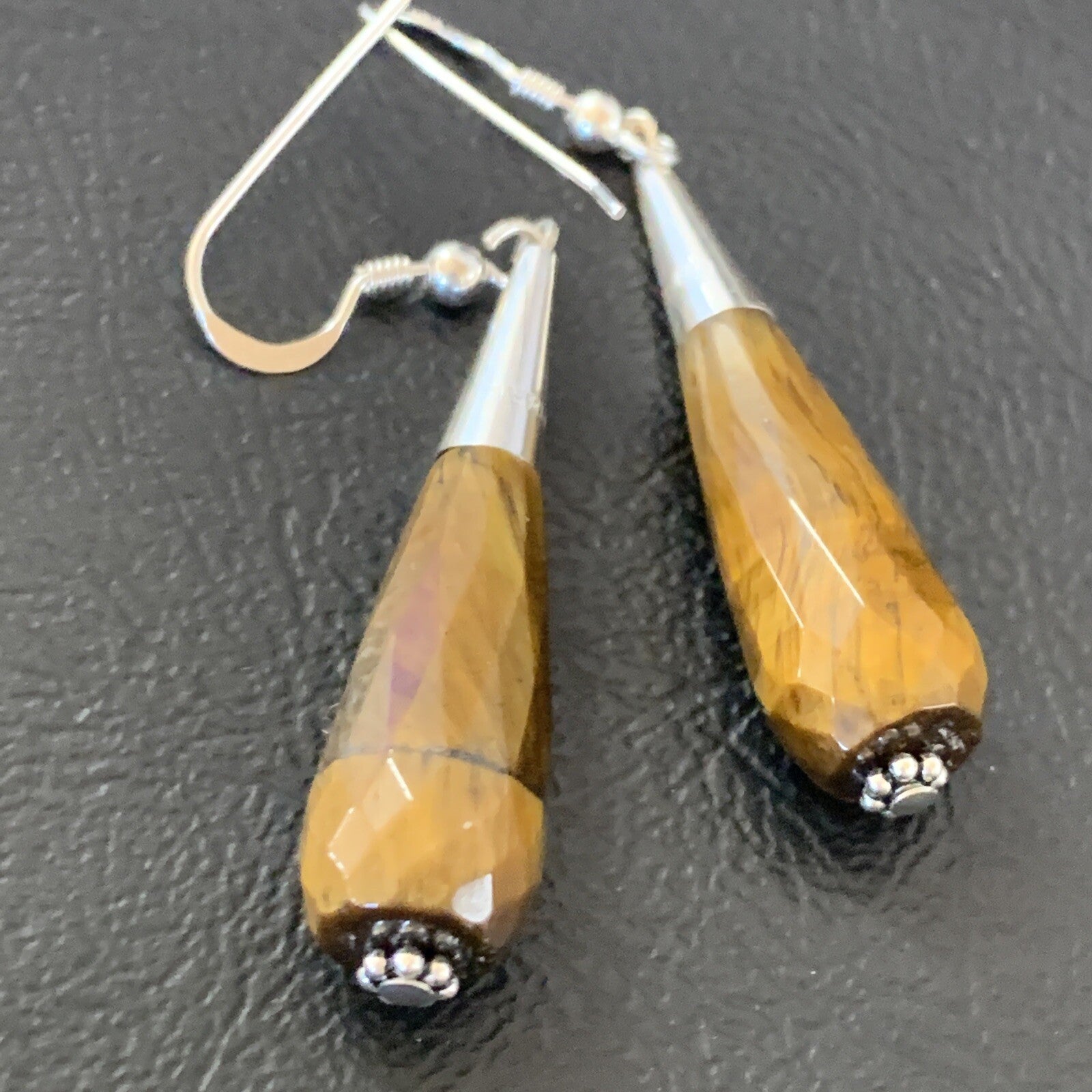 Coffee Tiger's Eye Navajo Sterling Silver Dangle Drop Bead Earrings 1.5" 11715