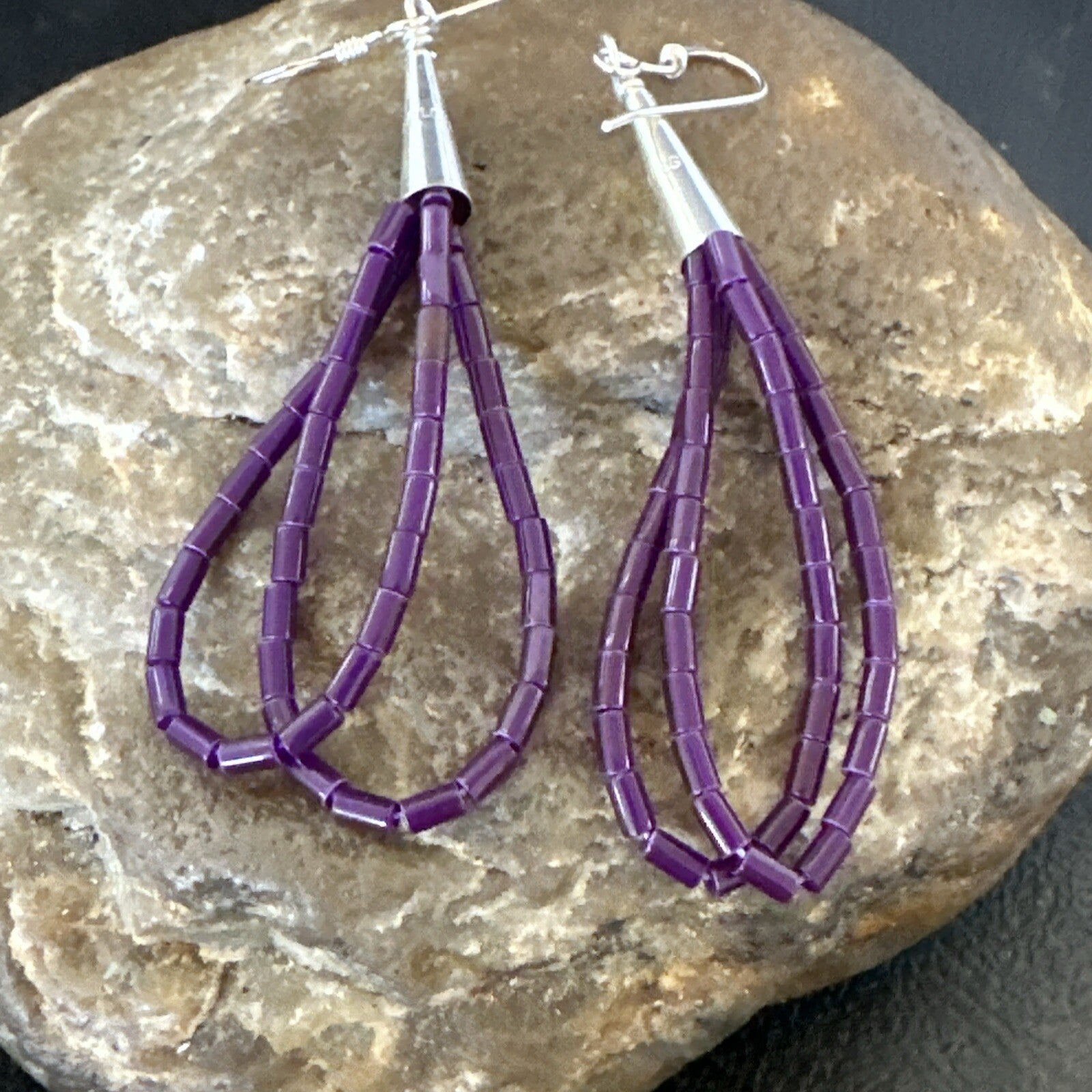 Purple Stone 2 Strands Heishi Sterling Silver Dangle Earrings 17929