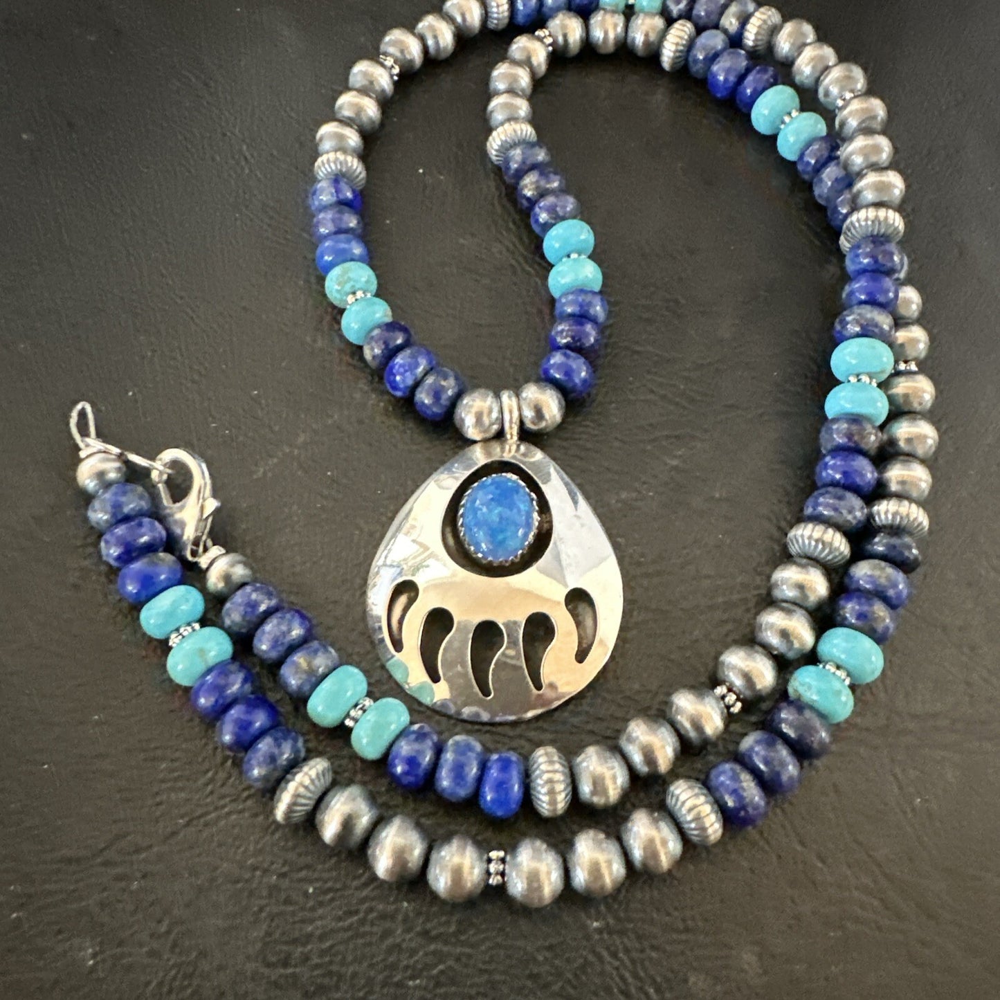 Mens Blue Turquoise Lapis BearPaw Pendant Navajo Sterling Silver Necklace 17882