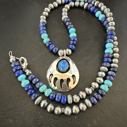 Mens Blue Turquoise Lapis BearPaw Pendant Navajo Sterling Silver Necklace 17882
