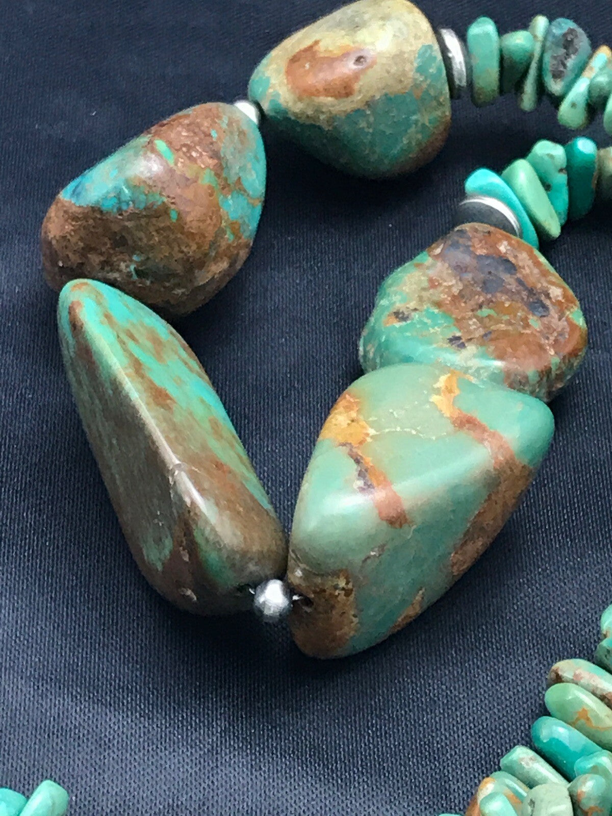 Chunky Green Nugget Turquoise Navajo Sterling Silver Necklace 23" 3216