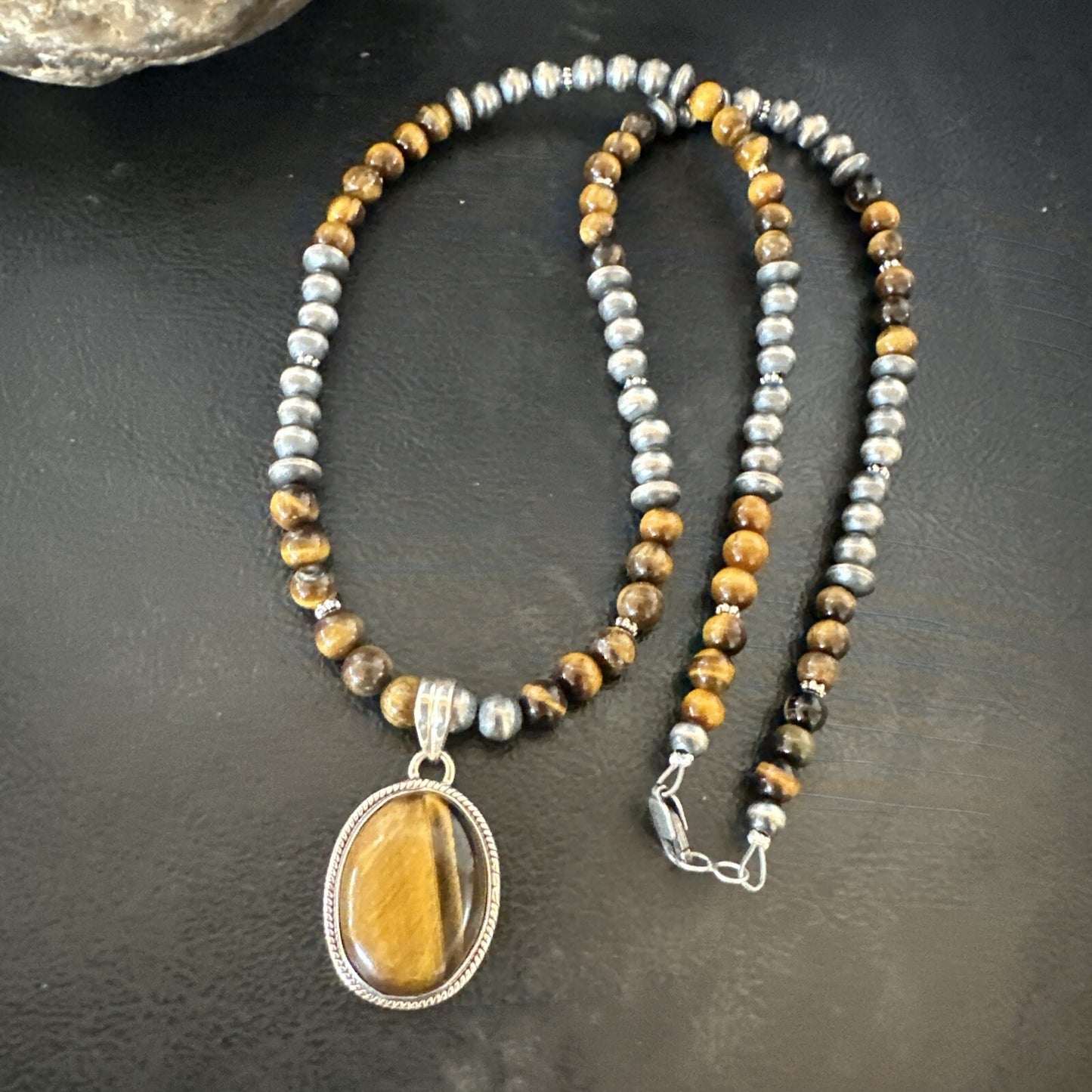 Coffee Brown Tigers Eye Sterling Silver Pendant Necklace Southwestern 18282