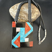 Blue Turquoise Black Onyx Santo Domingo Necklace 21" | Sterling Silver | Authentic Native American Handmade | 15666