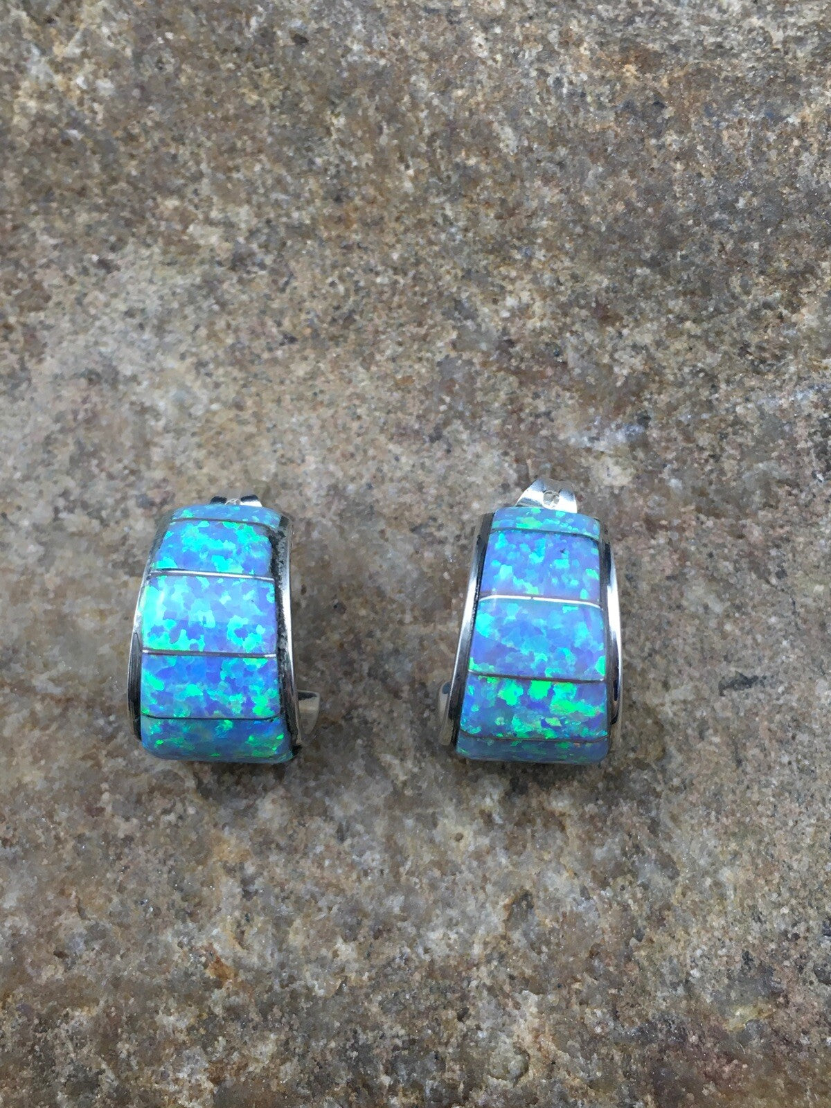 Native American Blue Opal Navajo Sterling Silver Earrings 0.5” 4740