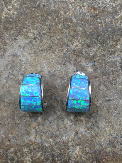 Native American Blue Opal Navajo Sterling Silver Earrings 0.5” 4740
