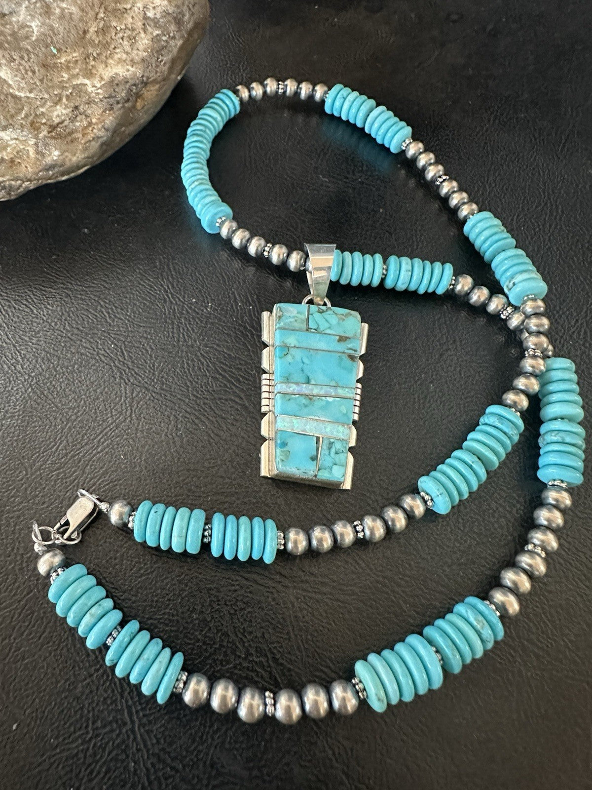 Blue Turquoise Opal Inlay Pendant Navajo Sterling Silver Necklace 19512