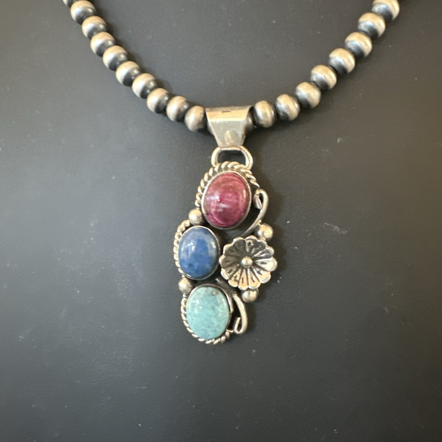 Multicolor Turquoise Spiny Navajo Sterling Silver Cluster Pendant Necklace 19312