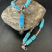 Blue Turquoise Inlay Pendant Navajo Necklace | Sterling Silver | Authentic Native American Handmade | 19514
