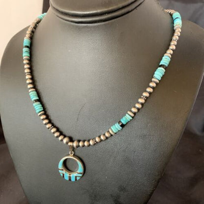Blue Turquoise Inlay Pendant Navajo Pearls Sterling Silver Necklace 12615